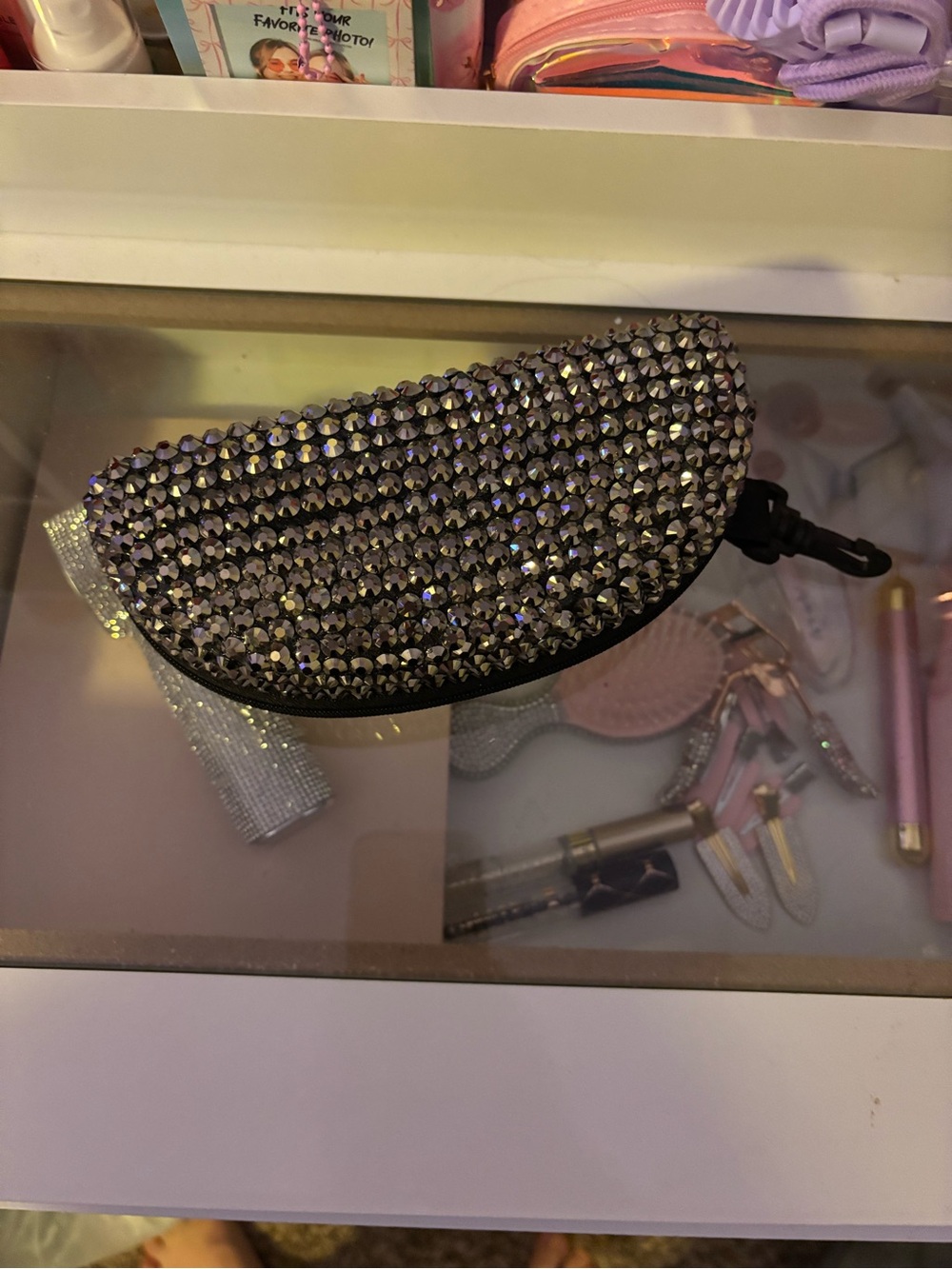 Crystal-Embellished Black Sunglasses Case - Unbranded